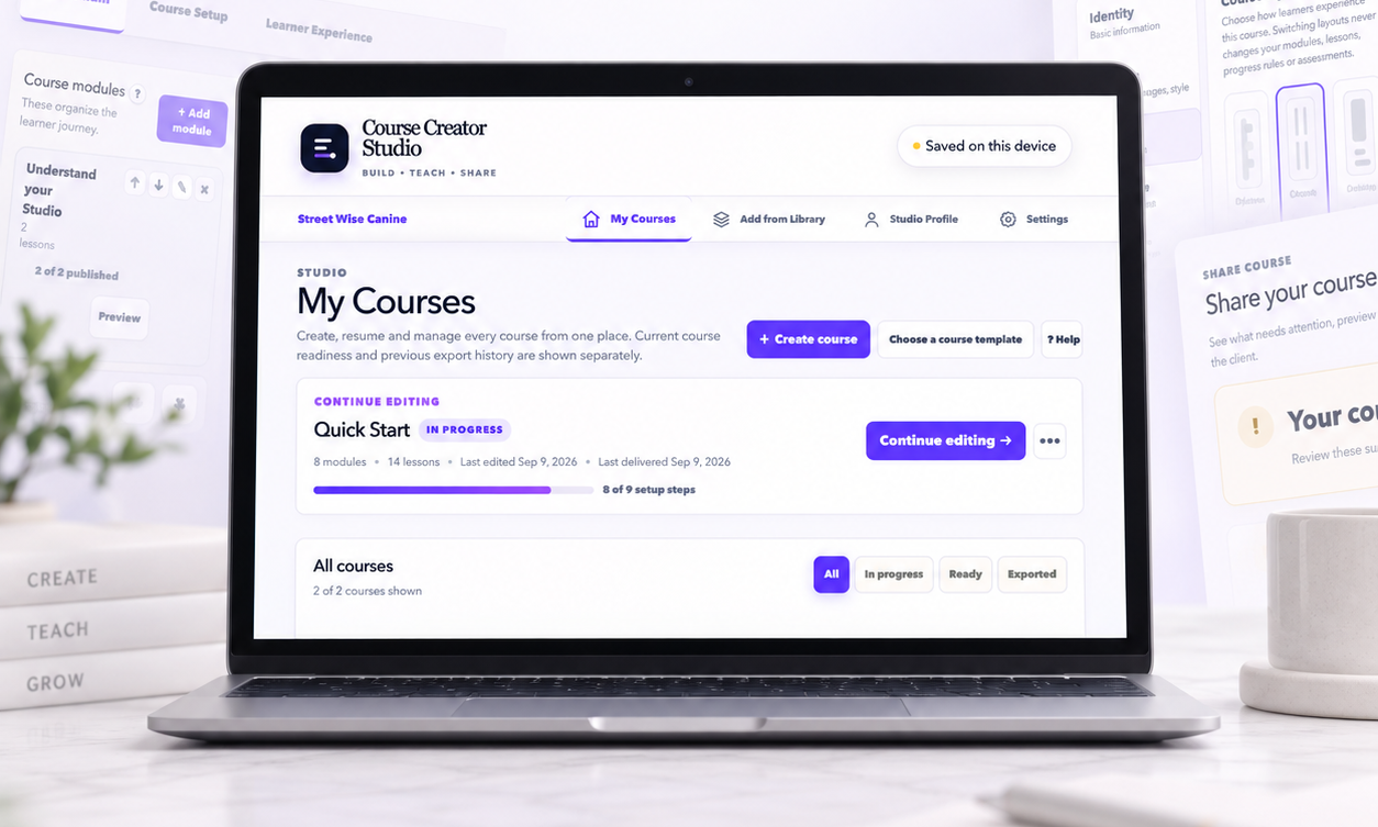 Course Creator Studio workspace on a laptop, showing the My Courses dashboard with course setup and sharing panels